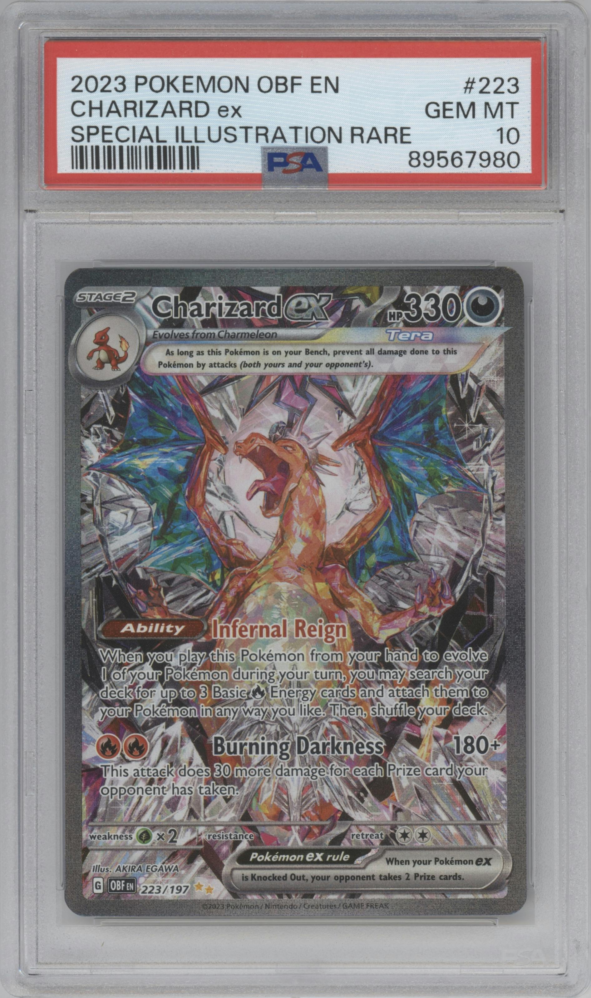 Charizard ex from the 2023 Pokemon SV set graded by PSA and given an overall grade of 10.