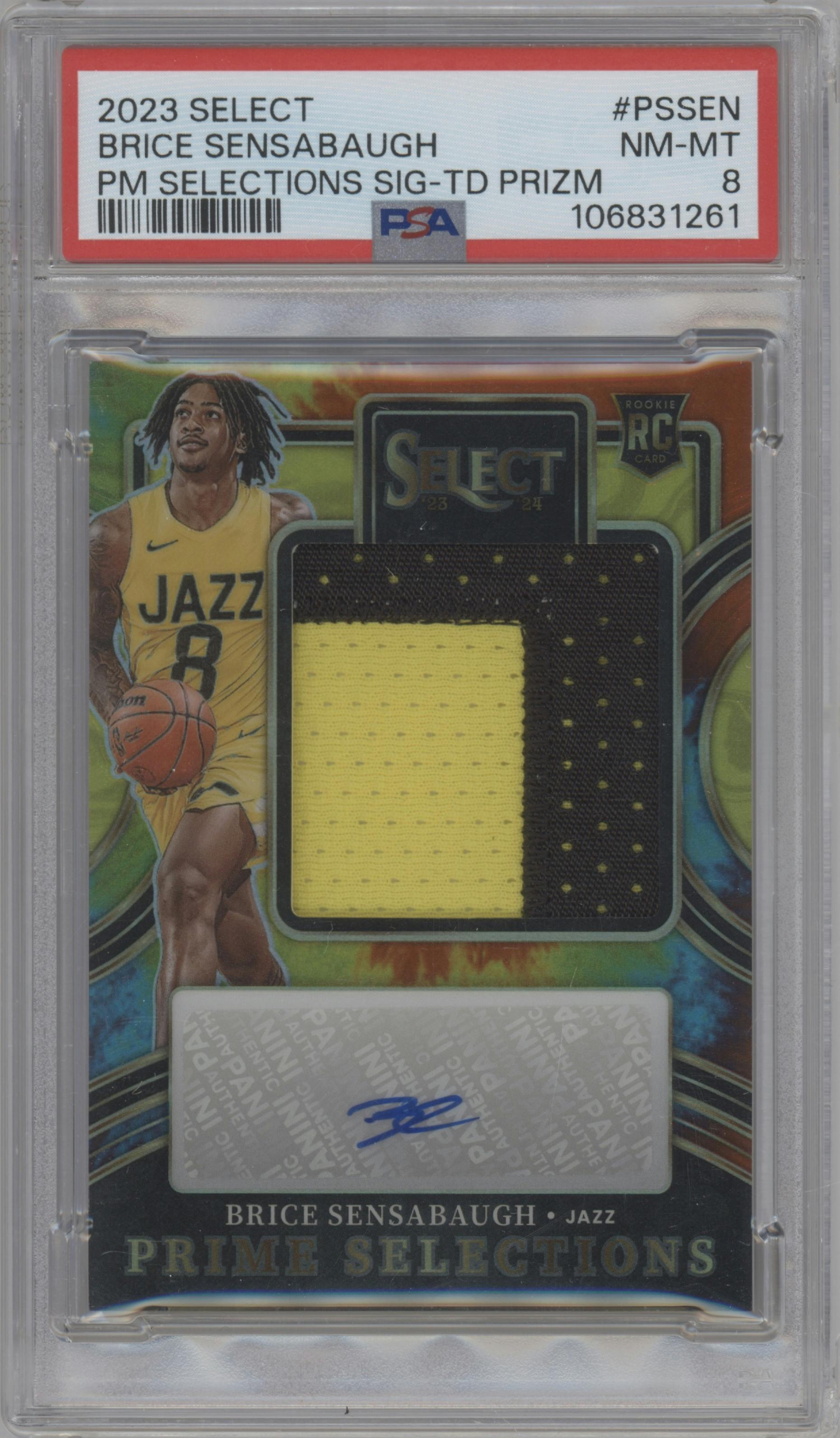 Brice Sensabaugh from the 2023-24 Panini Select  set featuring a Tie-Dye Prizm parallel graded by PSA and given an overall grade of 8.