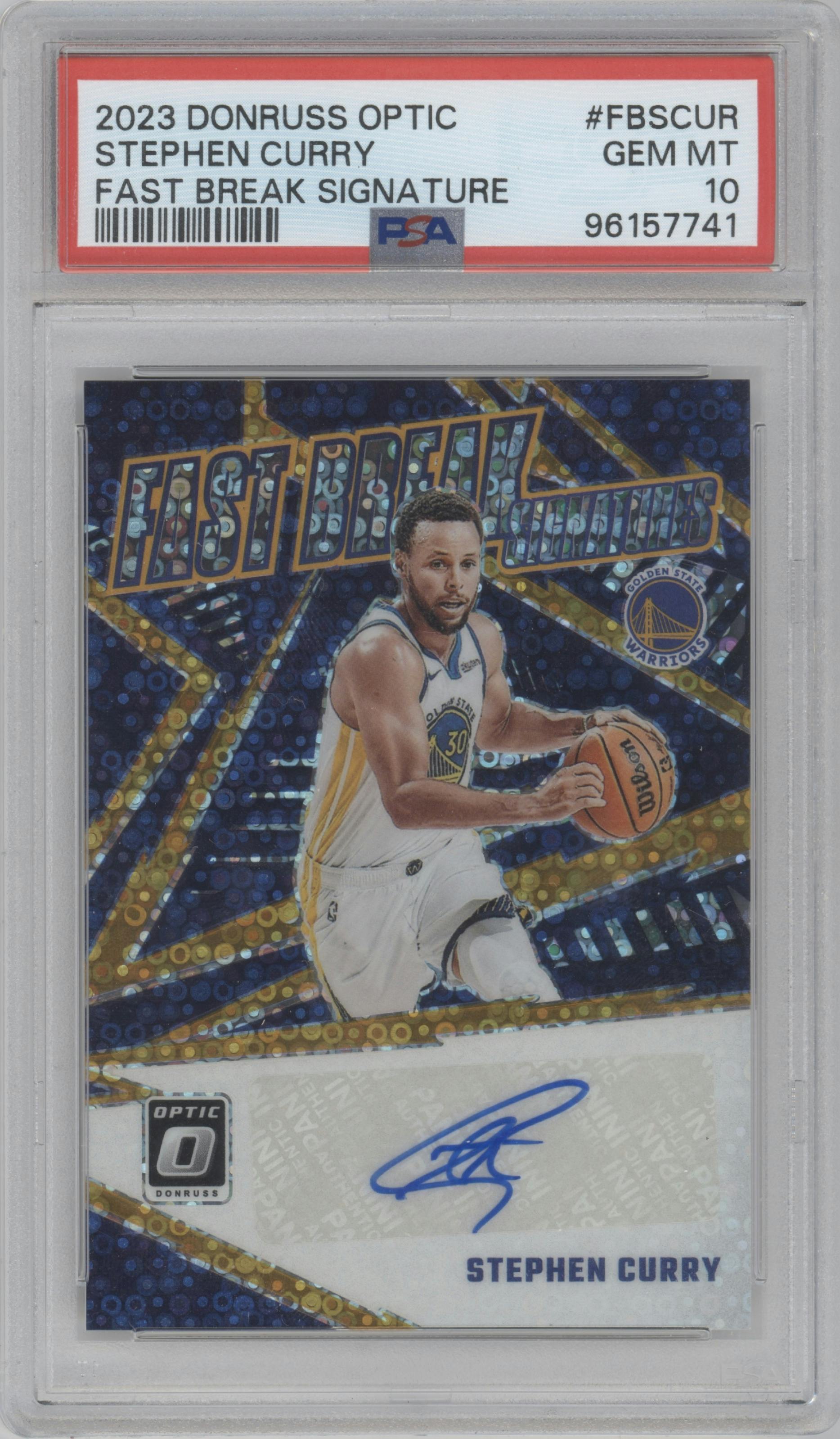 Stephen Curry from the 2023-24 Donruss Optic set graded by PSA and given an overall grade of 10.