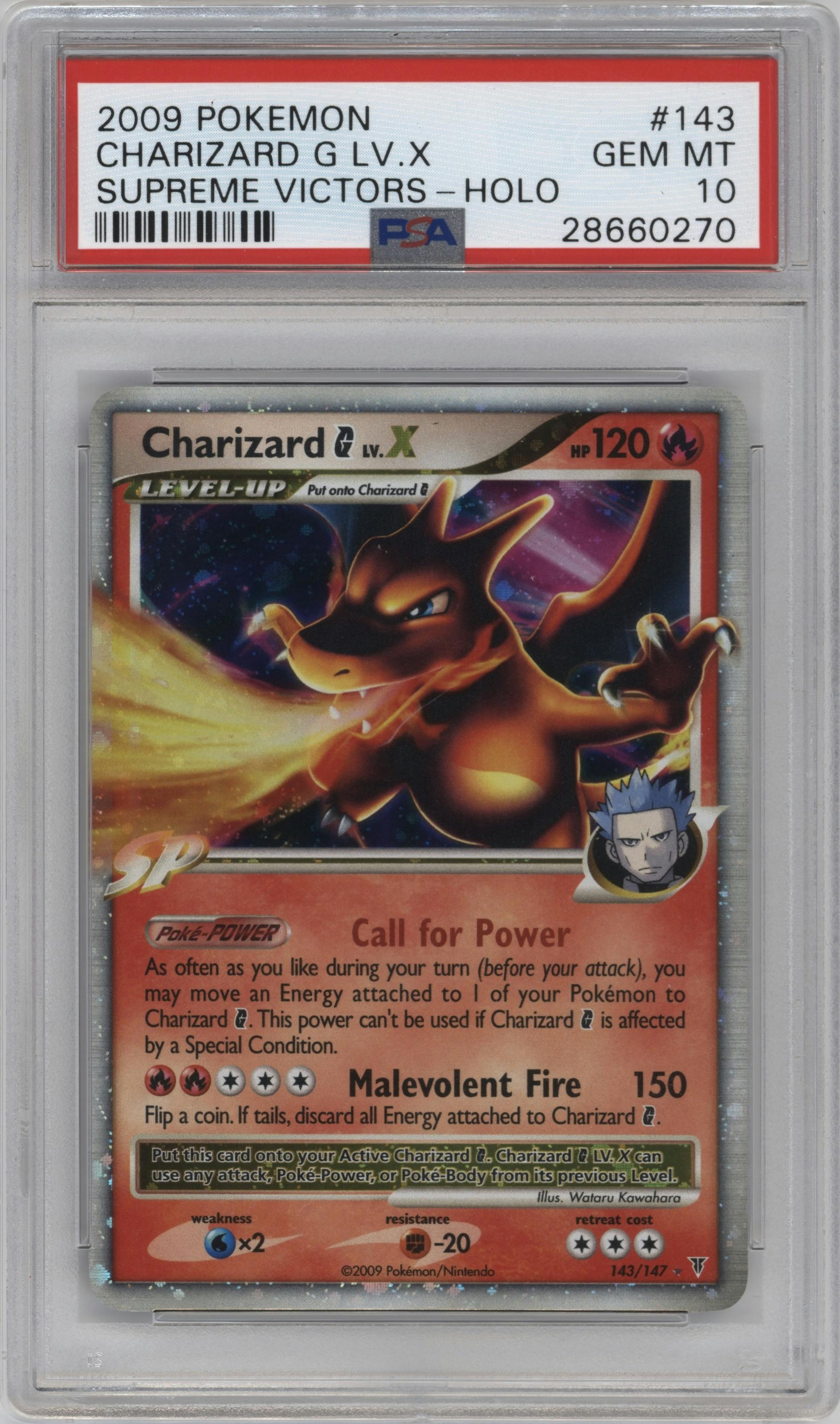 Charizard G LV. X from the 2009 Pokemon Platinum set graded by PSA and given an overall grade of 10.