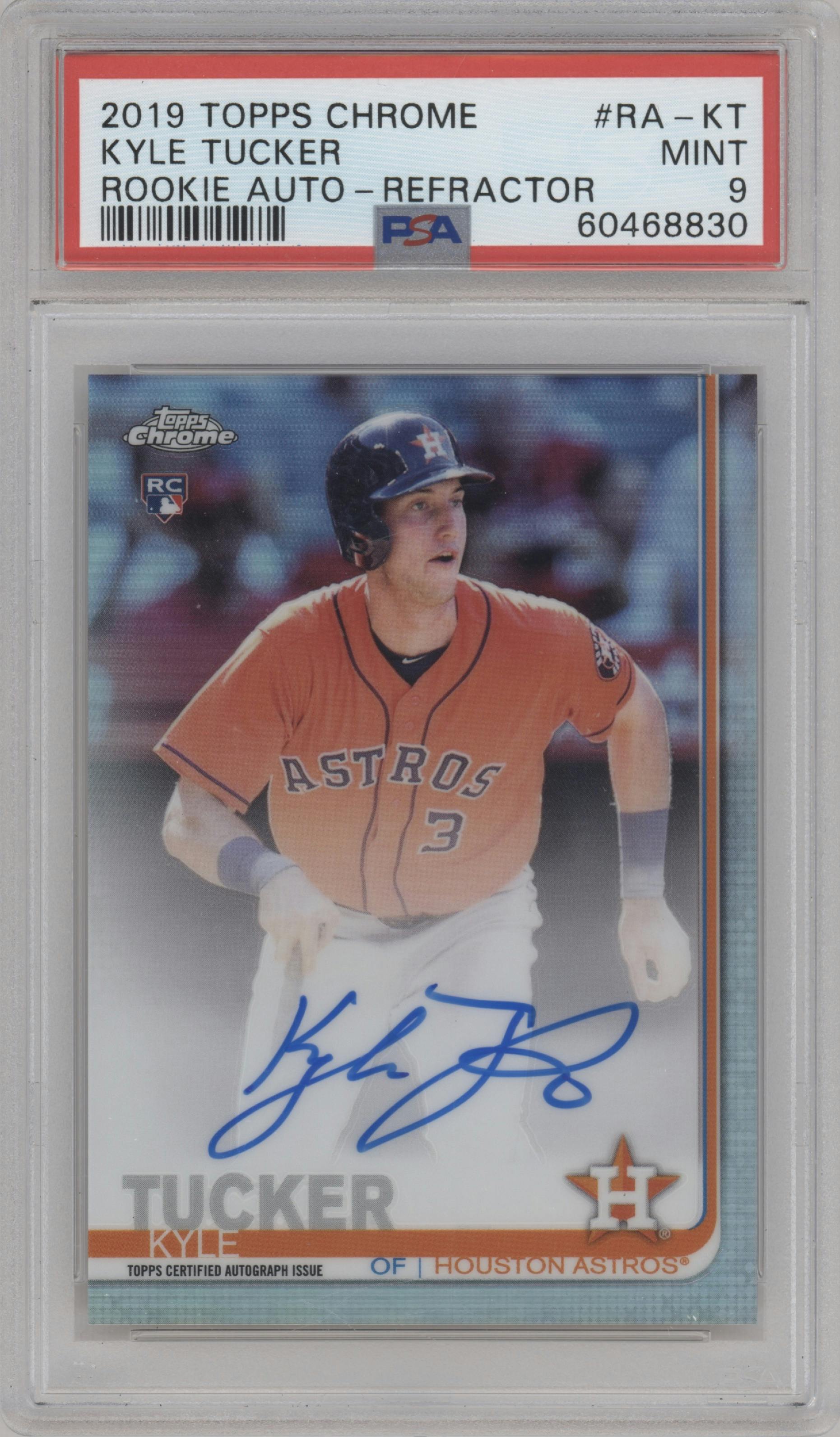 Kyle Tucker from the 2019 Topps Chrome set featuring a Refractor parallel graded by PSA and given an overall grade of 9.