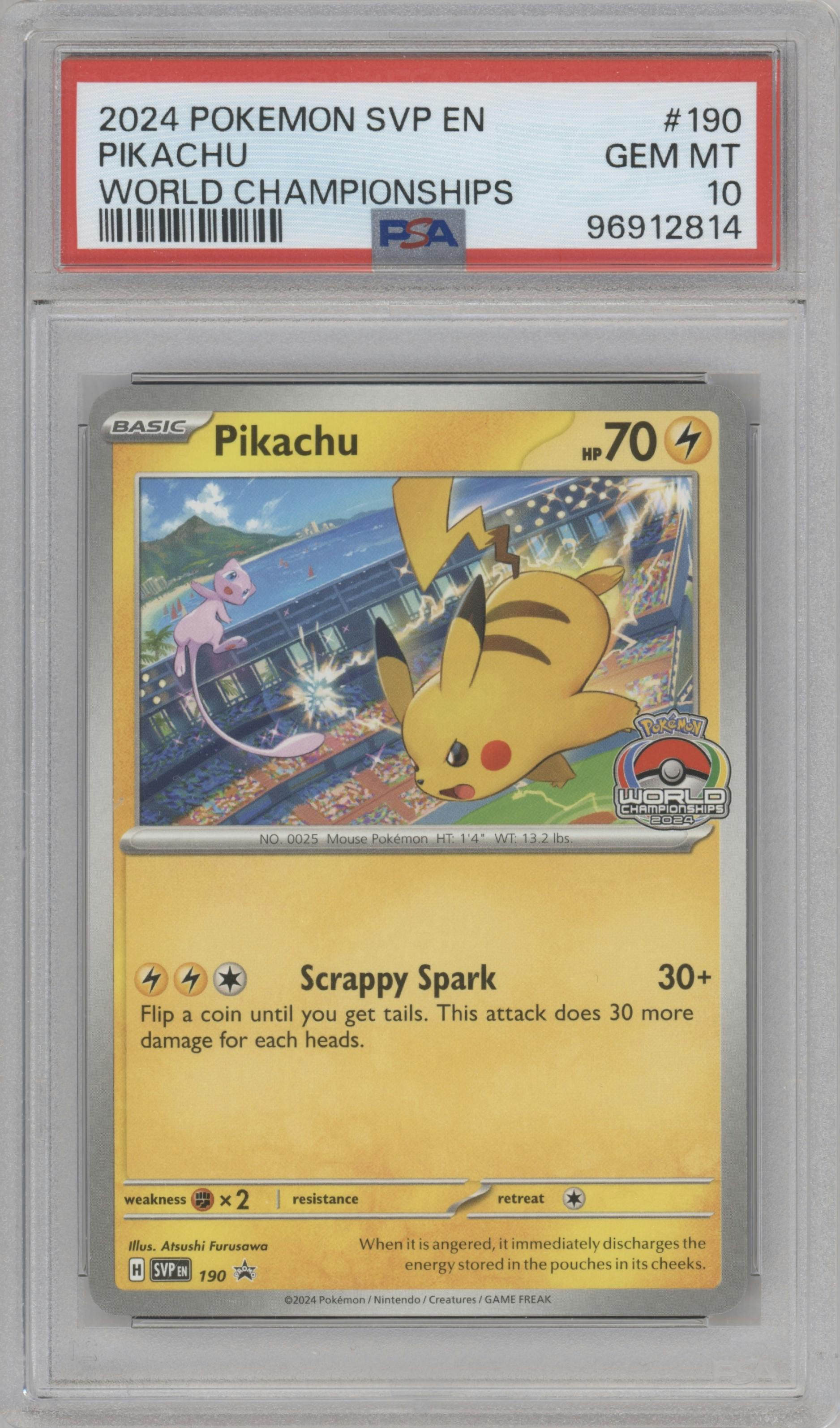 Pikachu from the 2024 Pokemon SV set featuring a 2024 World Championship parallel graded by PSA and given an overall grade of 10.