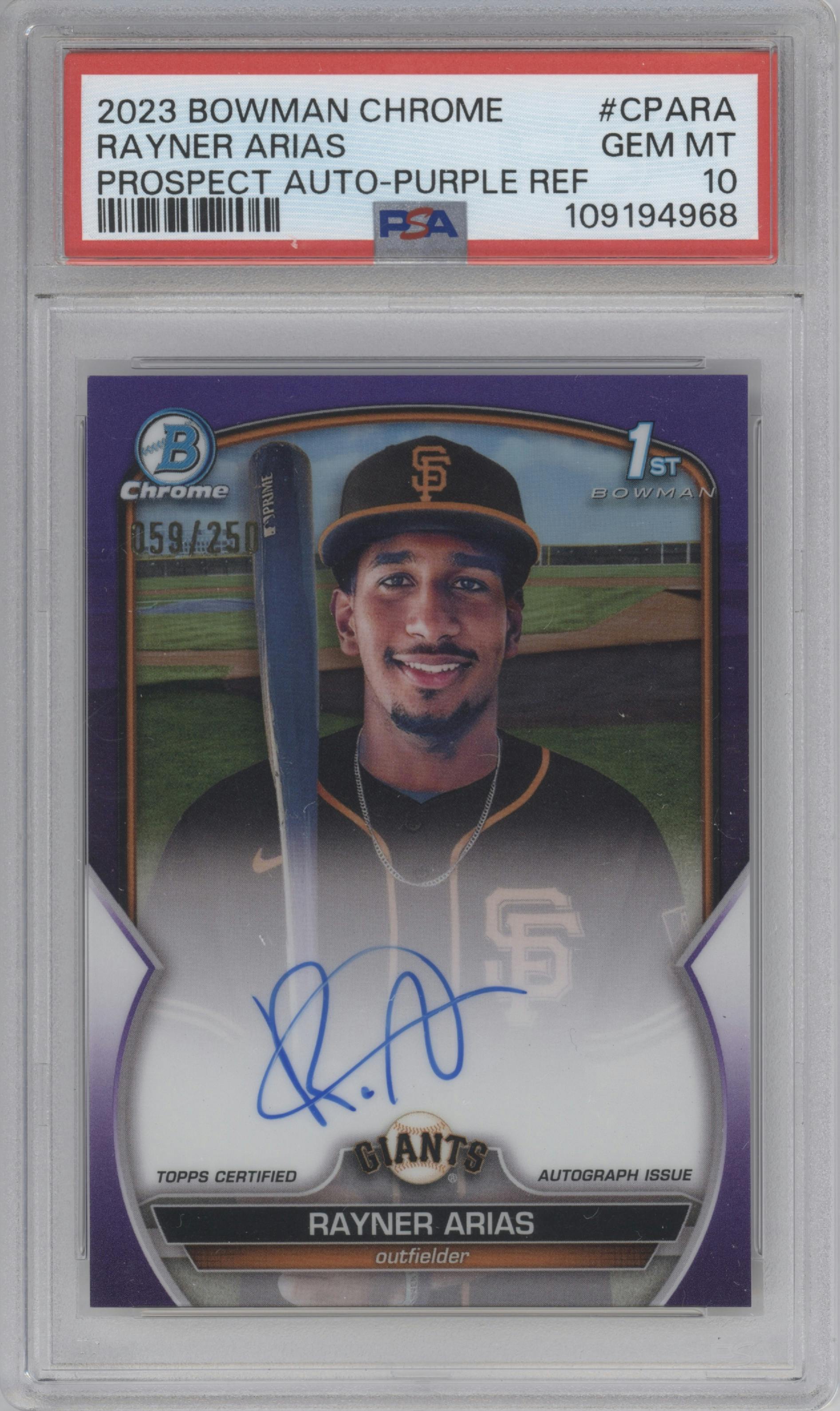 Rayner Arias from the 2023 Bowman Chrome set featuring a Purple Refractor parallel graded by PSA and given an overall grade of 10.