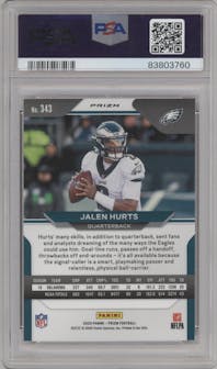 Jalen Hurts from the 2020 Panini Prizm set featuring a Red Ice Prizm parallel graded by PSA and given an overall grade of 10.