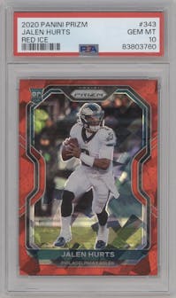 Jalen Hurts from the 2020 Panini Prizm set featuring a Red Ice Prizm parallel graded by PSA and given an overall grade of 10.
