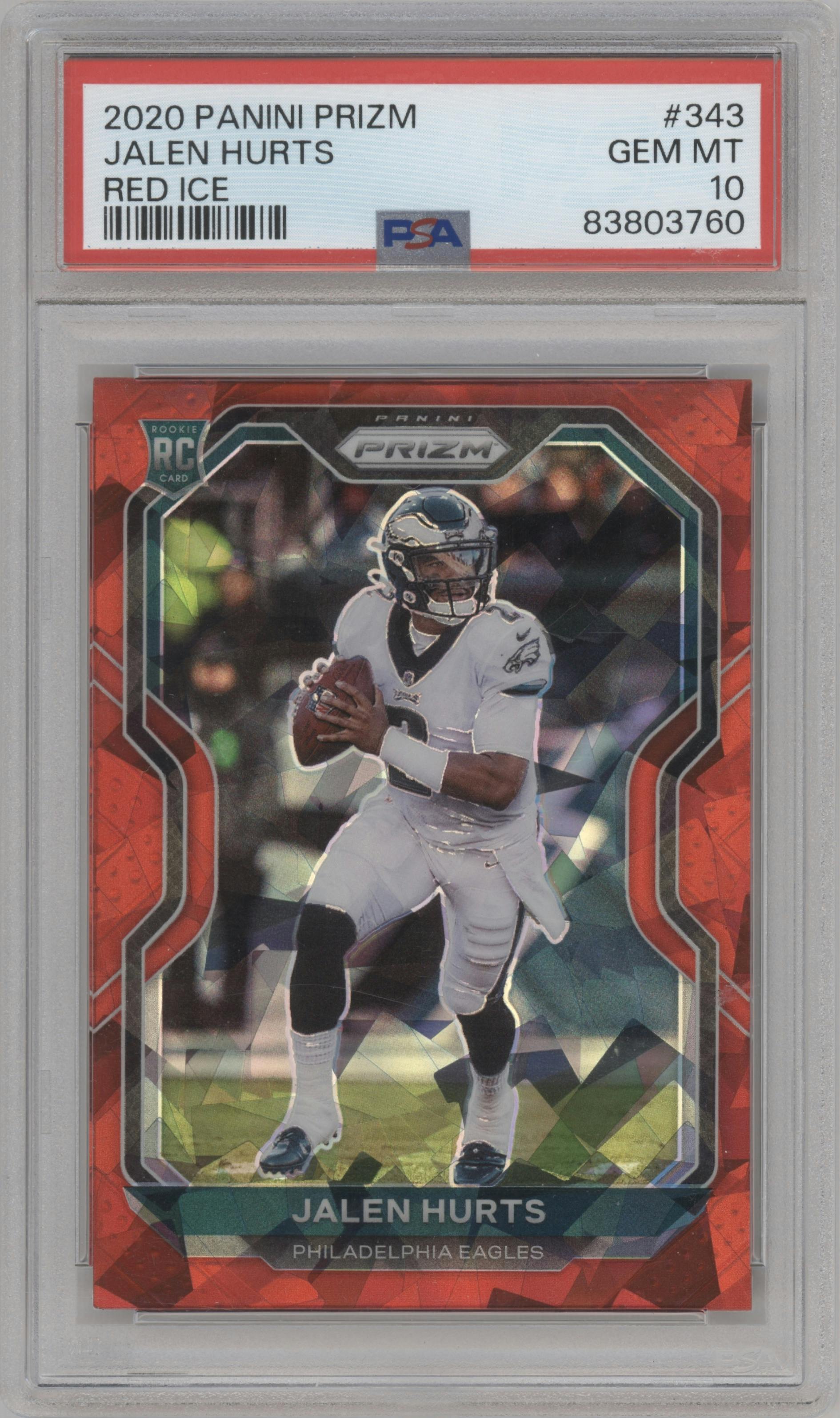 Jalen Hurts from the 2020 Panini Prizm set featuring a Red Ice Prizm parallel graded by PSA and given an overall grade of 10.
