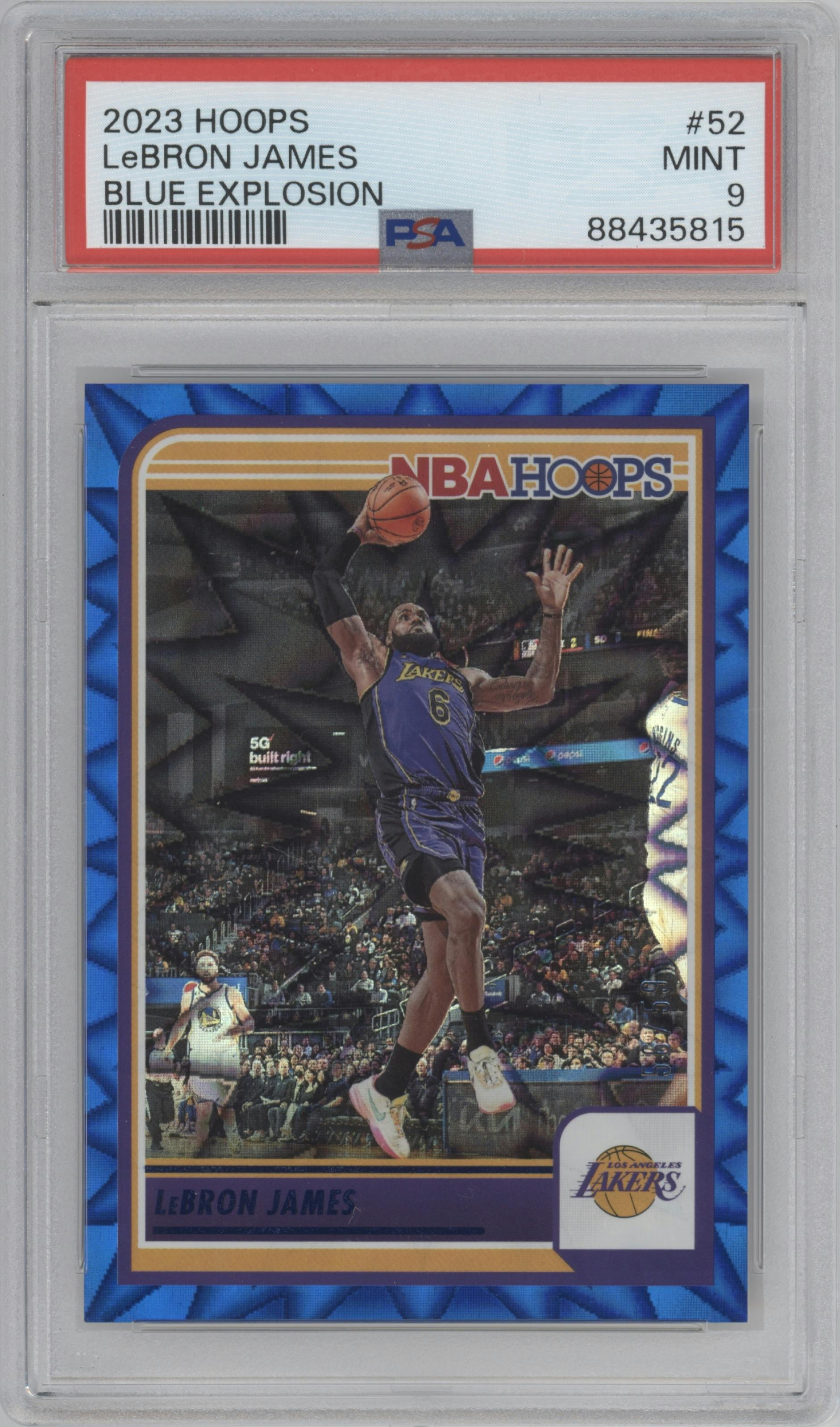 LeBron James from the 2023-24 Panini NBA Hoops set featuring a Blue Explosion  parallel graded by PSA and given an overall grade of 9.