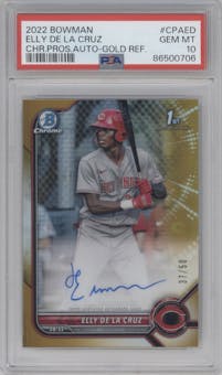Elly De La Cruz from the 2022 Bowman set featuring a Gold Refractor  parallel graded by PSA and given an overall grade of 10.