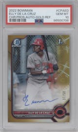 Elly De La Cruz from the 2022 Bowman set featuring a Gold Refractor parallel graded by PSA and given an overall grade of 10.