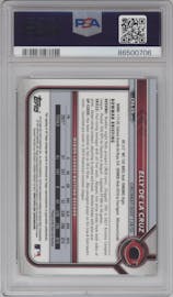 Elly De La Cruz from the 2022 Bowman set featuring a Gold Refractor parallel graded by PSA and given an overall grade of 10.