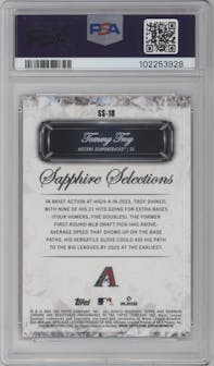 Tommy Troy from the 2024 Bowman Chrome Sapphire set featuring a Orange parallel graded by PSA and given an overall grade of 10.