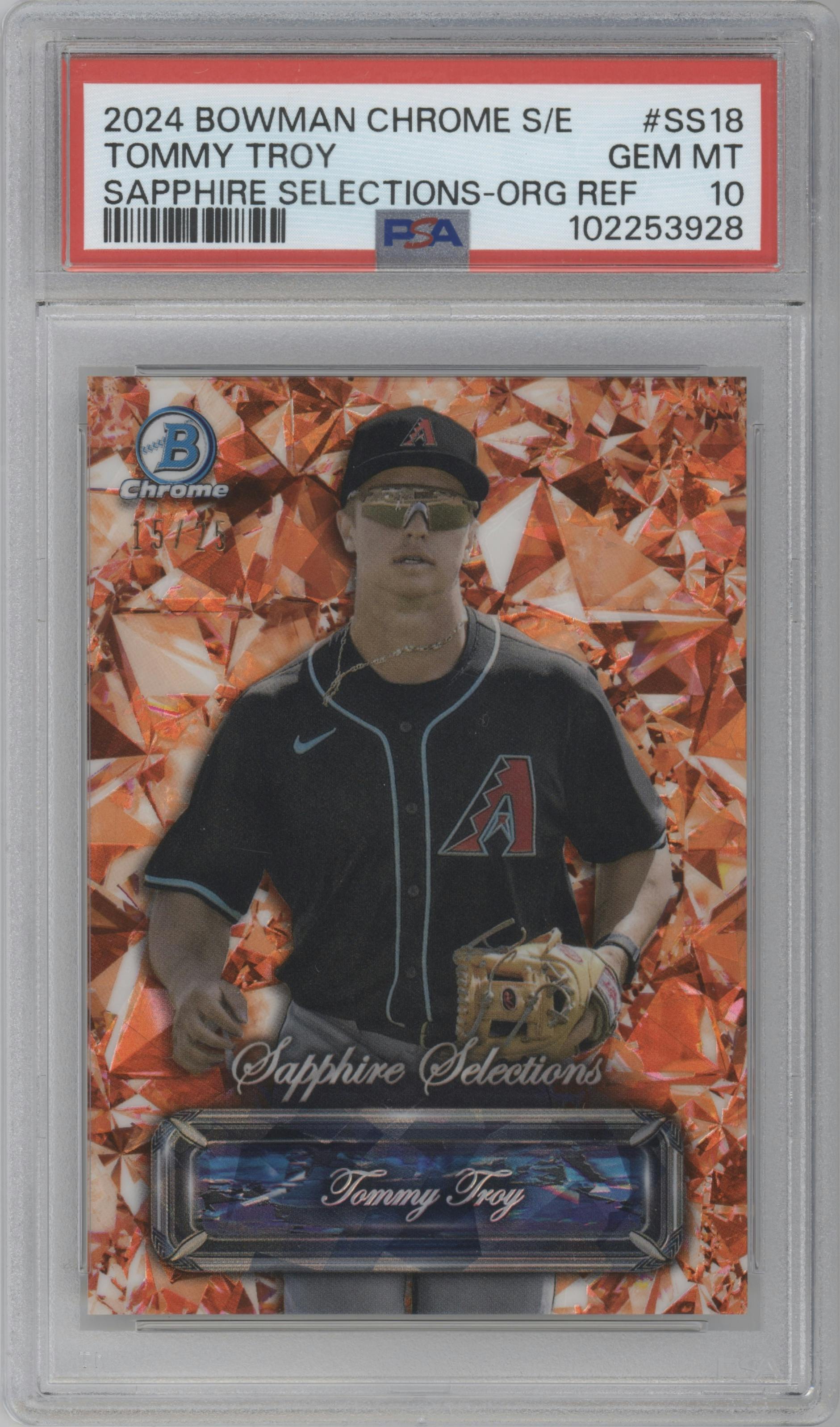 Tommy Troy from the 2024 Bowman Chrome Sapphire set featuring a Orange parallel graded by PSA and given an overall grade of 10.