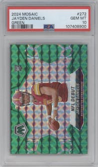 Jayden Daniels from the 2024 Panini Mosaic set featuring a Green Mosaic parallel graded by PSA and given an overall grade of 10.