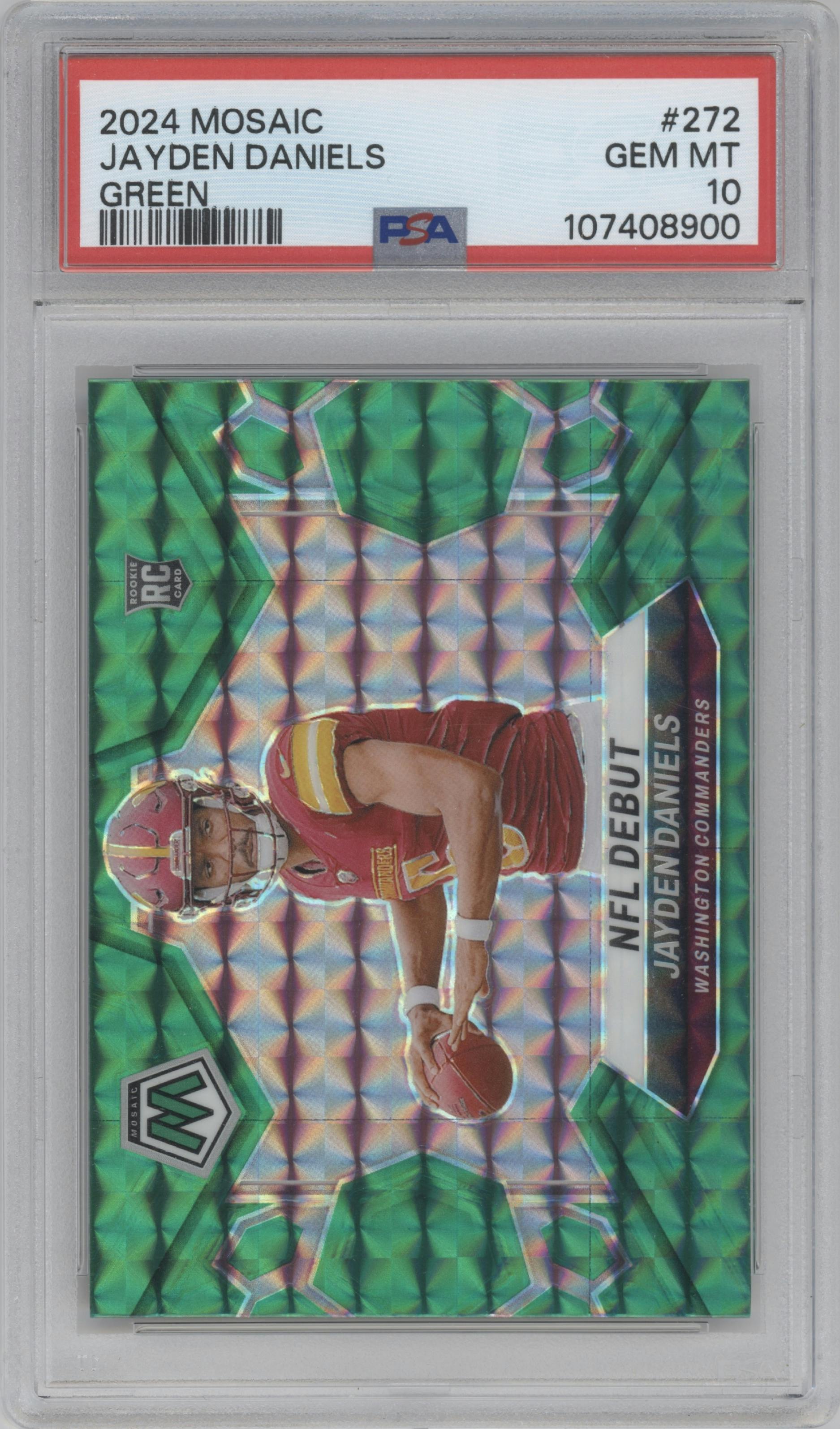 Jayden Daniels from the 2024 Panini Mosaic set featuring a Green Mosaic parallel graded by PSA and given an overall grade of 10.