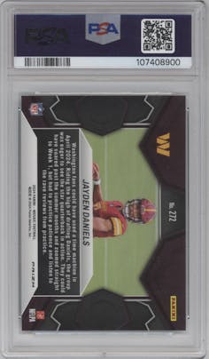 Jayden Daniels from the 2024 Panini Mosaic set featuring a Green Mosaic parallel graded by PSA and given an overall grade of 10.