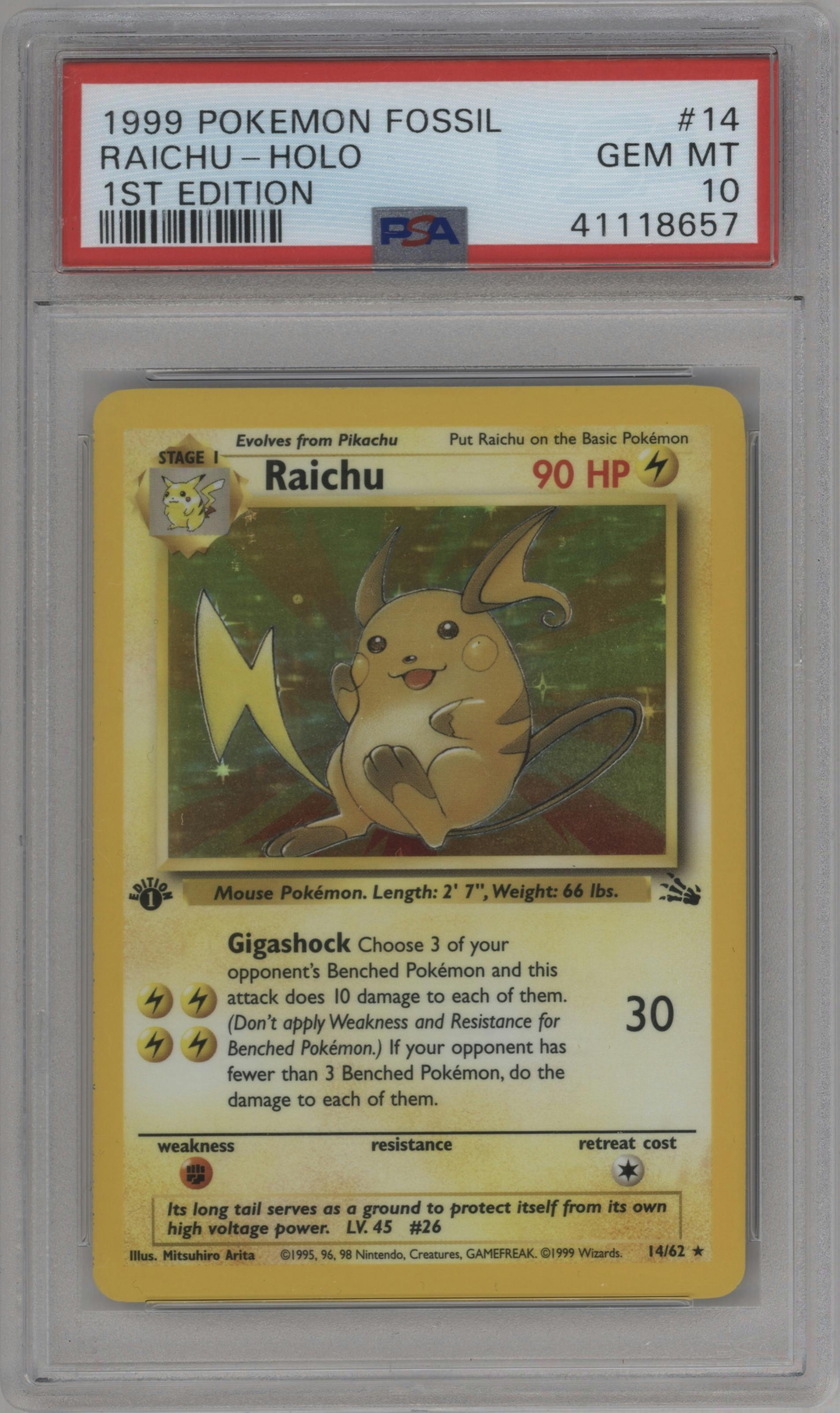 Raichu from the 1999 Pokemon set graded by PSA and given an overall grade of 10.