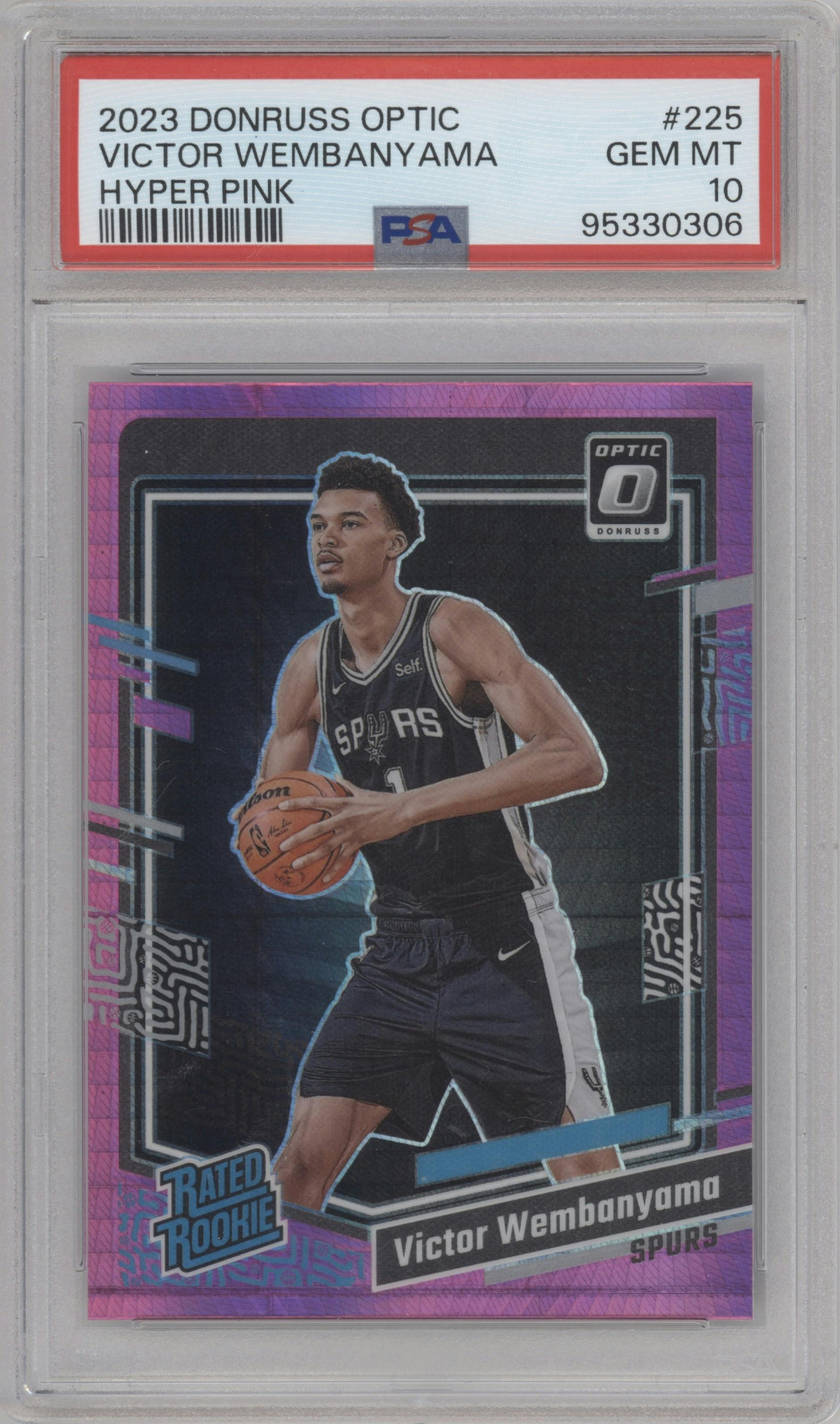 Victor Wembanyama from the 2023-24 Donruss Optic set featuring a Hyper Pink parallel graded by PSA and given an overall grade of 10.