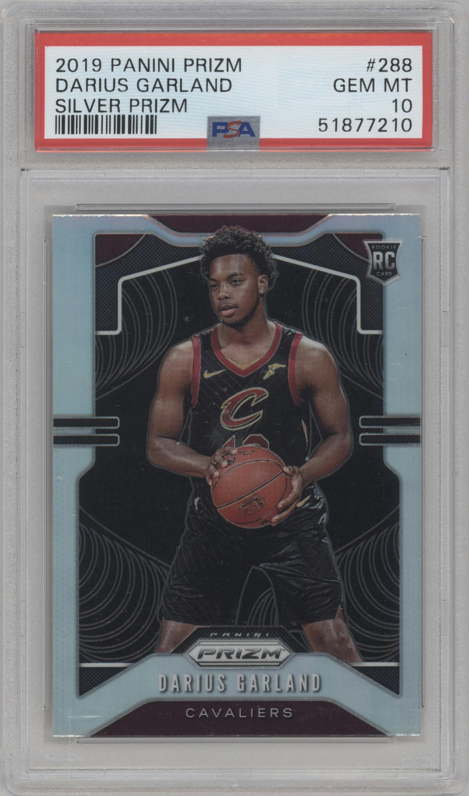 Darius Garland from the 2019-20 Panini Prizm set featuring a Silver Prizm parallel graded by PSA and given an overall grade of 10.