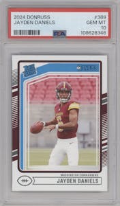 Jayden Daniels from the 2024 Donruss set graded by PSA and given an overall grade of 10.