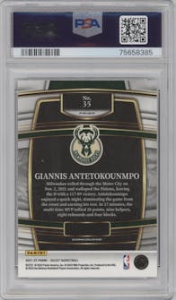 Giannis Antetokounmpo from the 2021-22 Panini Select set featuring a Elephant parallel graded by PSA and given an overall grade of 9.