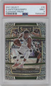 Giannis Antetokounmpo from the 2021-22 Panini Select set featuring a Elephant parallel graded by PSA and given an overall grade of 9.