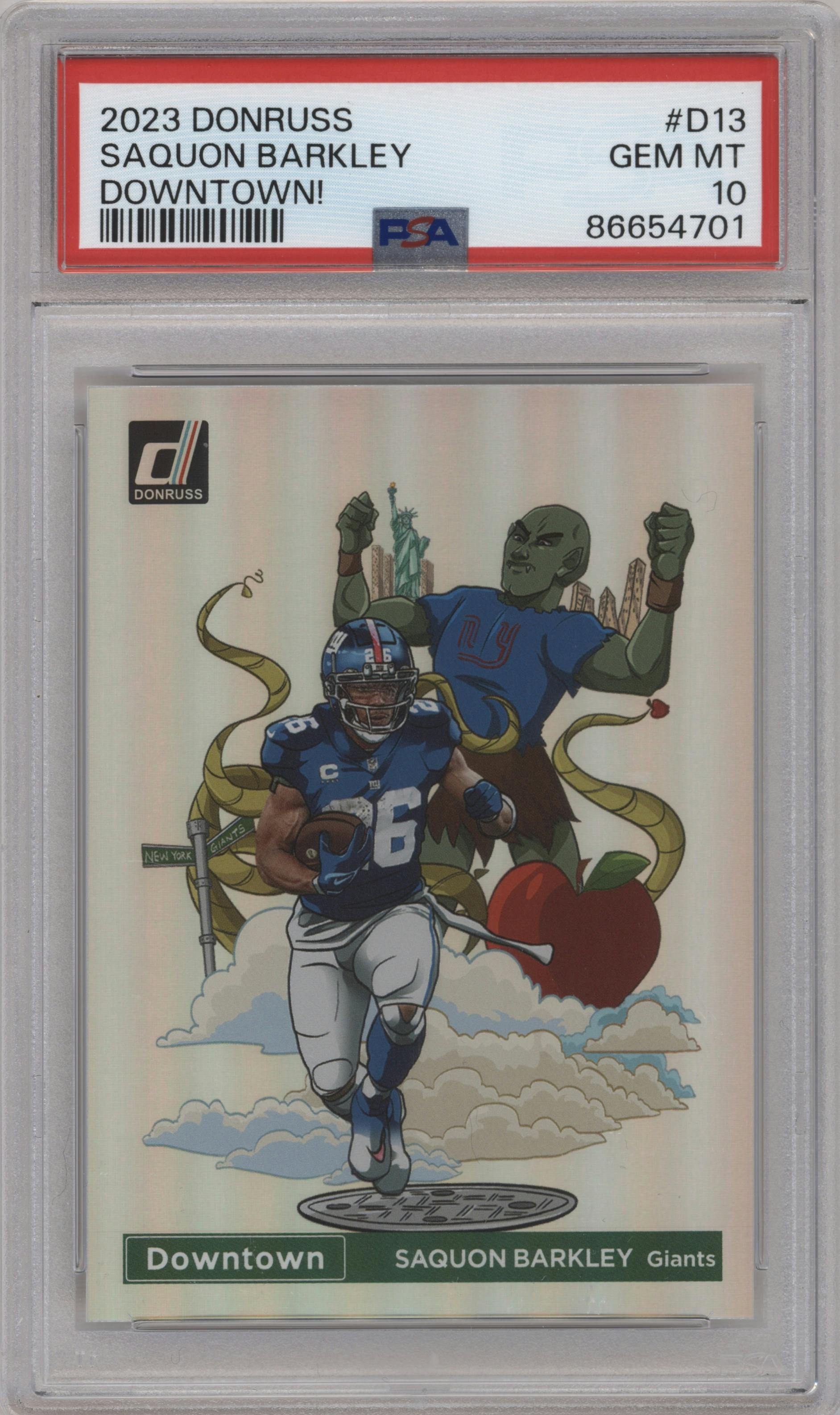 Saquon Barkley from the 2023 Panini Donruss set graded by PSA and given an overall grade of 10.