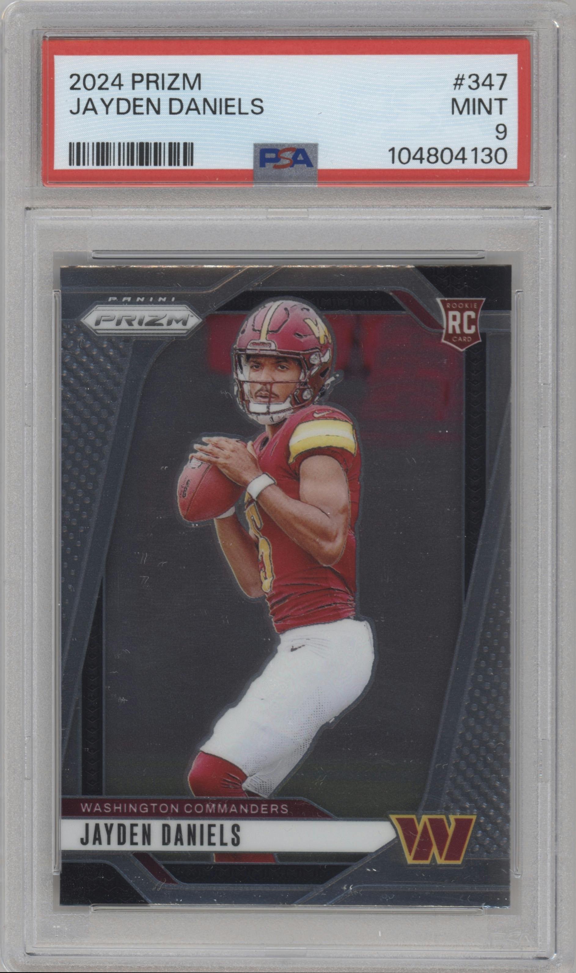 Jayden Daniels from the 2024 Panini Prizm set graded by PSA and given an overall grade of 9.