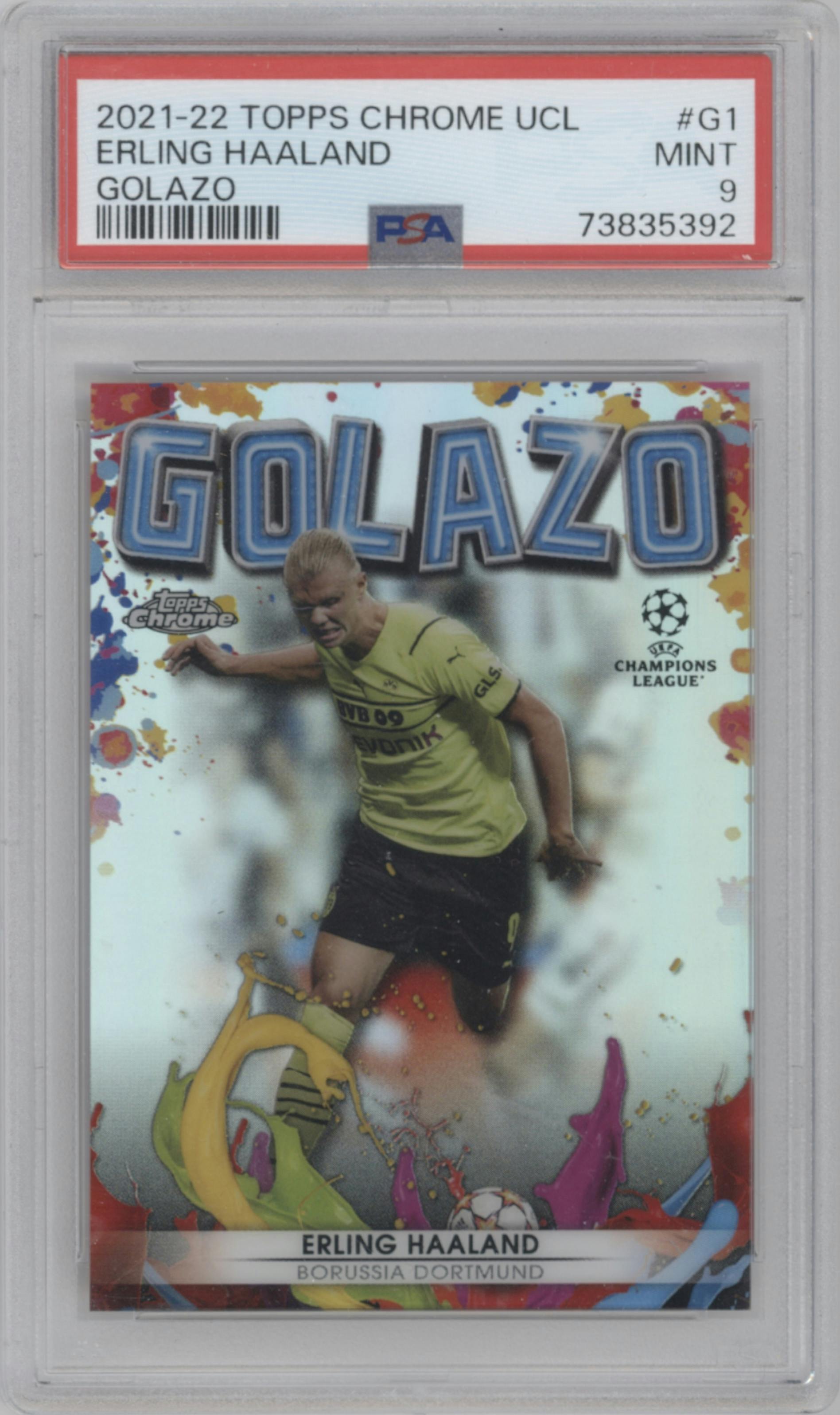 Erling Haaland from the 2021-22 Topps Chrome UEFA Champions League set graded by PSA and given an overall grade of 9.