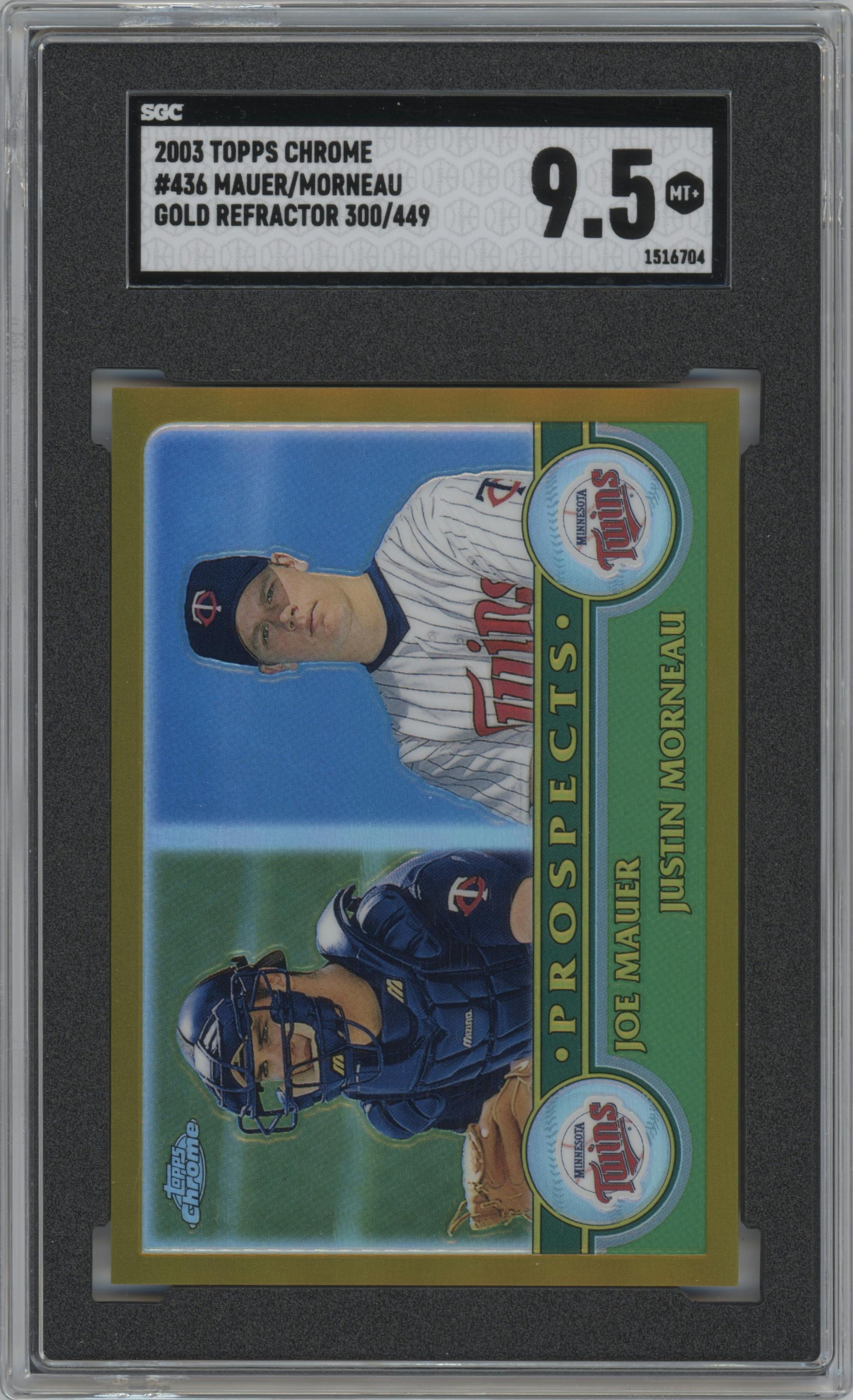 Joe Mauer/Justin Morneau from the 2003 Topps Chrome set featuring a Gold Refractor parallel graded by SGC and given an overall grade of 9.5.