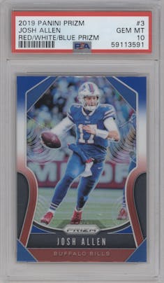 Josh Allen from the 2019 Panini Prizm set featuring a  Red/White/Blue Prizm parallel graded by PSA and given an overall grade of 10.