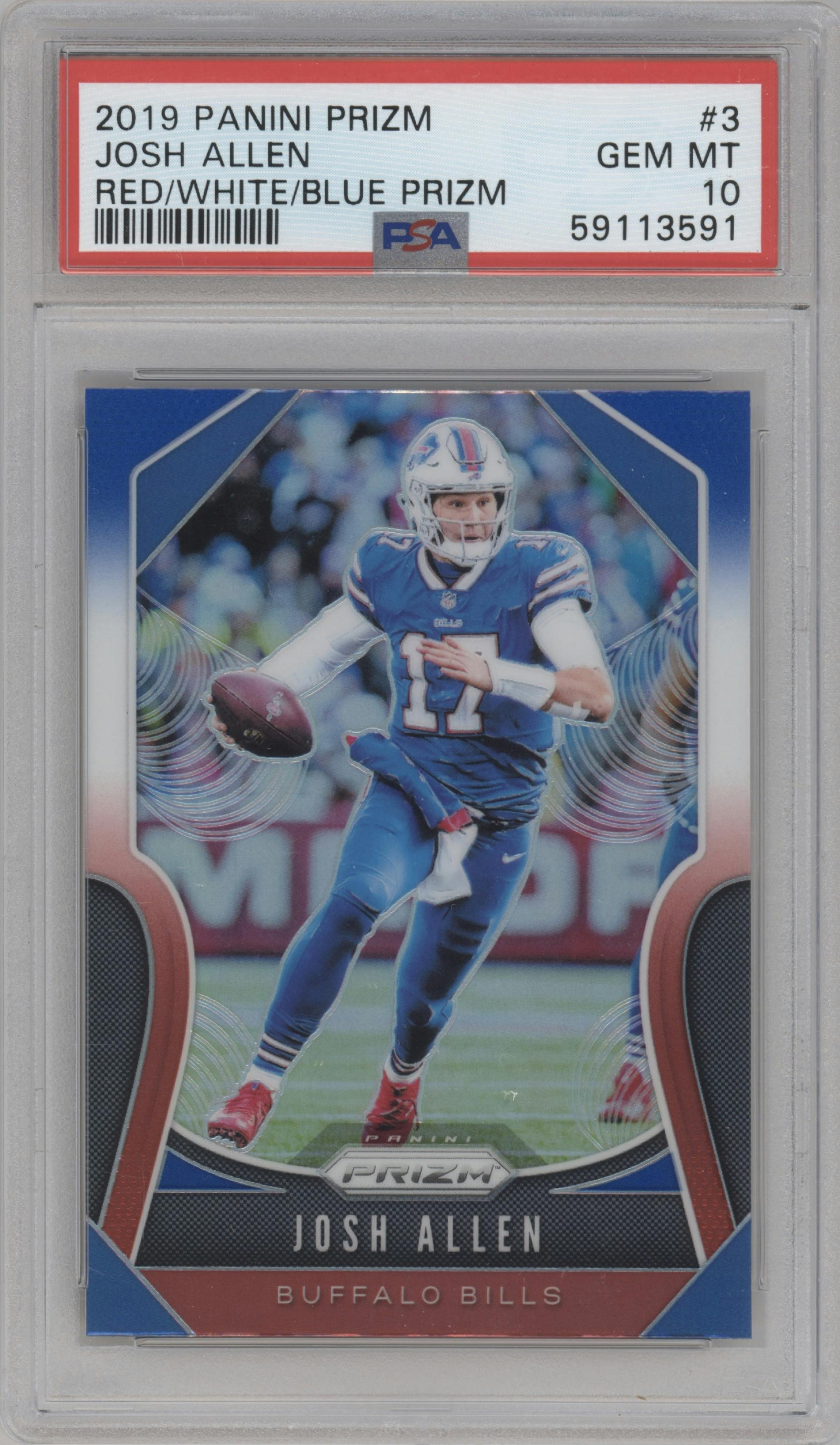 Josh Allen from the 2019 Panini Prizm set featuring a  Red/White/Blue Prizm parallel graded by PSA and given an overall grade of 10.
