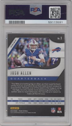Josh Allen from the 2019 Panini Prizm set featuring a  Red/White/Blue Prizm parallel graded by PSA and given an overall grade of 10.
