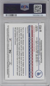 Yoshinobu Yamamoto from the 2024 Topps Chrome Sapphire set featuring a Gold parallel graded by PSA and given an overall grade of 10.