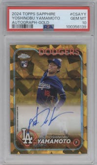 Yoshinobu Yamamoto from the 2024 Topps Chrome Sapphire set featuring a Gold parallel graded by PSA and given an overall grade of 10.