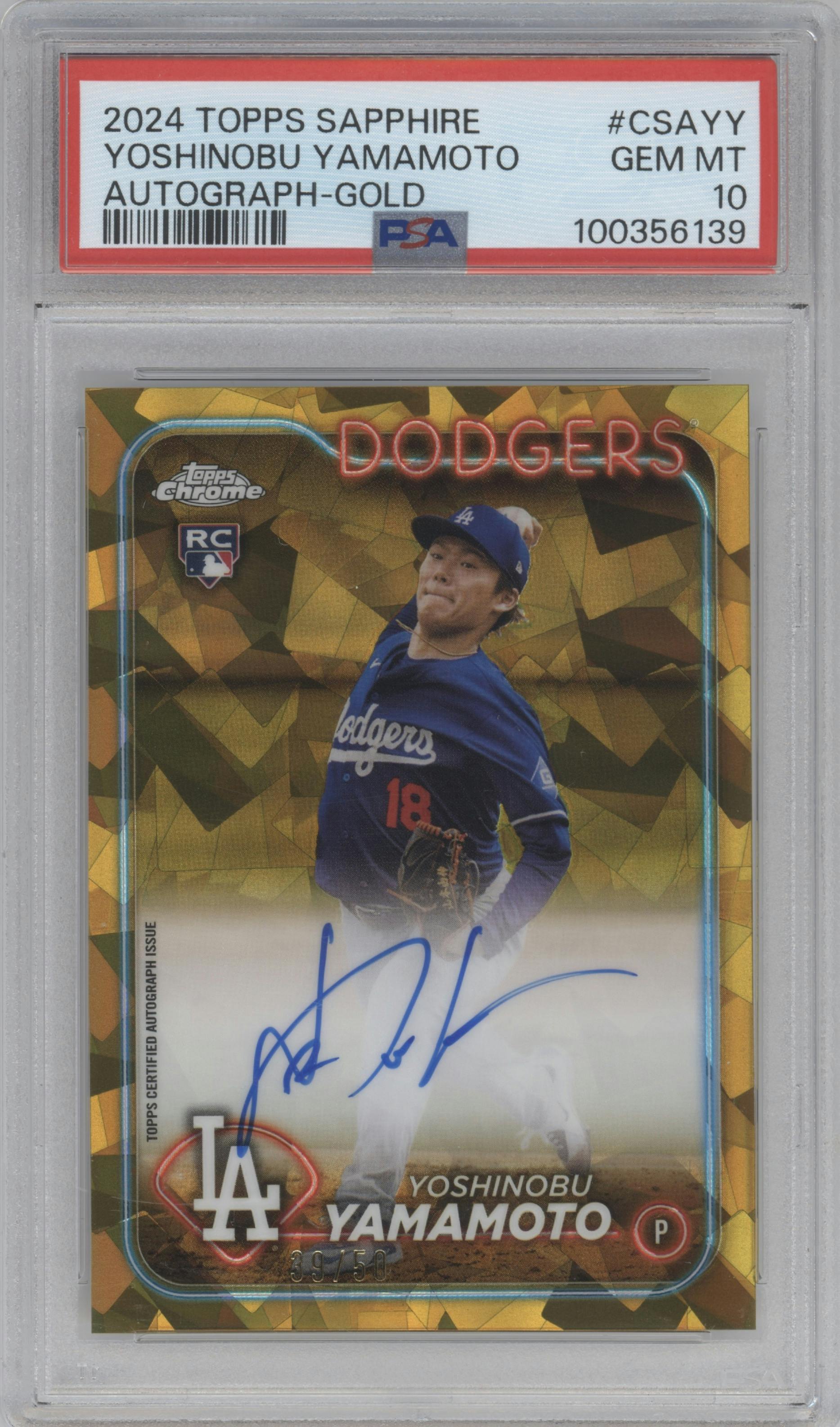 Yoshinobu Yamamoto from the 2024 Topps Chrome Sapphire set featuring a Gold parallel graded by PSA and given an overall grade of 10.