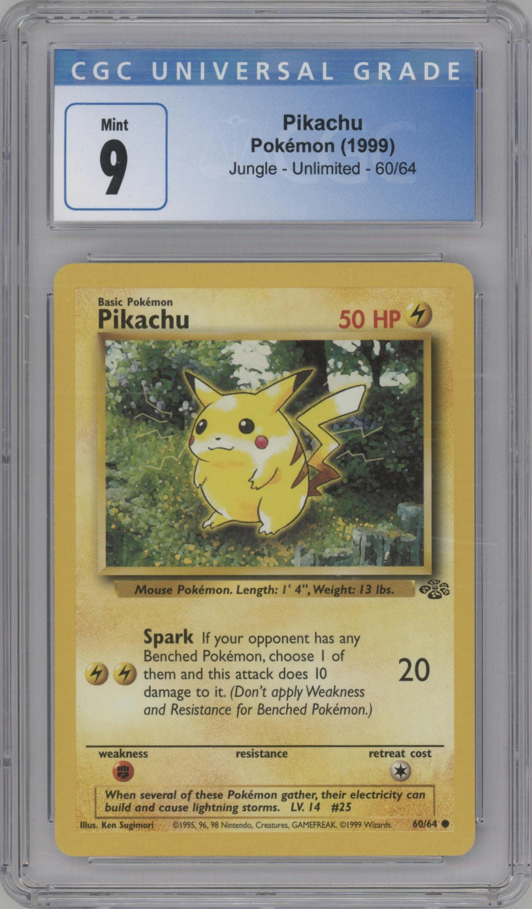 Pikachu from the 1999 Pokemon set graded by CSG and given an overall grade of 9.