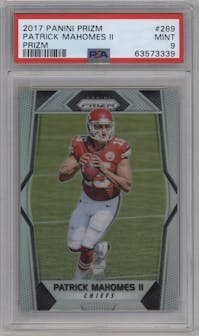 Patrick Mahomes II from the 2017 Panini Prizm set featuring a Prizm parallel graded by PSA and given an overall grade of 9.