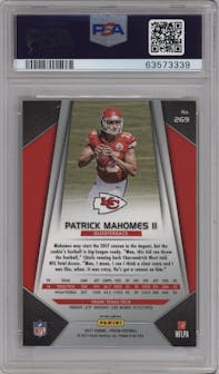 Patrick Mahomes II from the 2017 Panini Prizm set featuring a Prizm parallel graded by PSA and given an overall grade of 9.