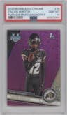 Travis Hunter  from the 2023 Bowman Chrome University set featuring a  Fuschia Mini-Diamond Refractor parallel graded by PSA and given an overall grade of 10.