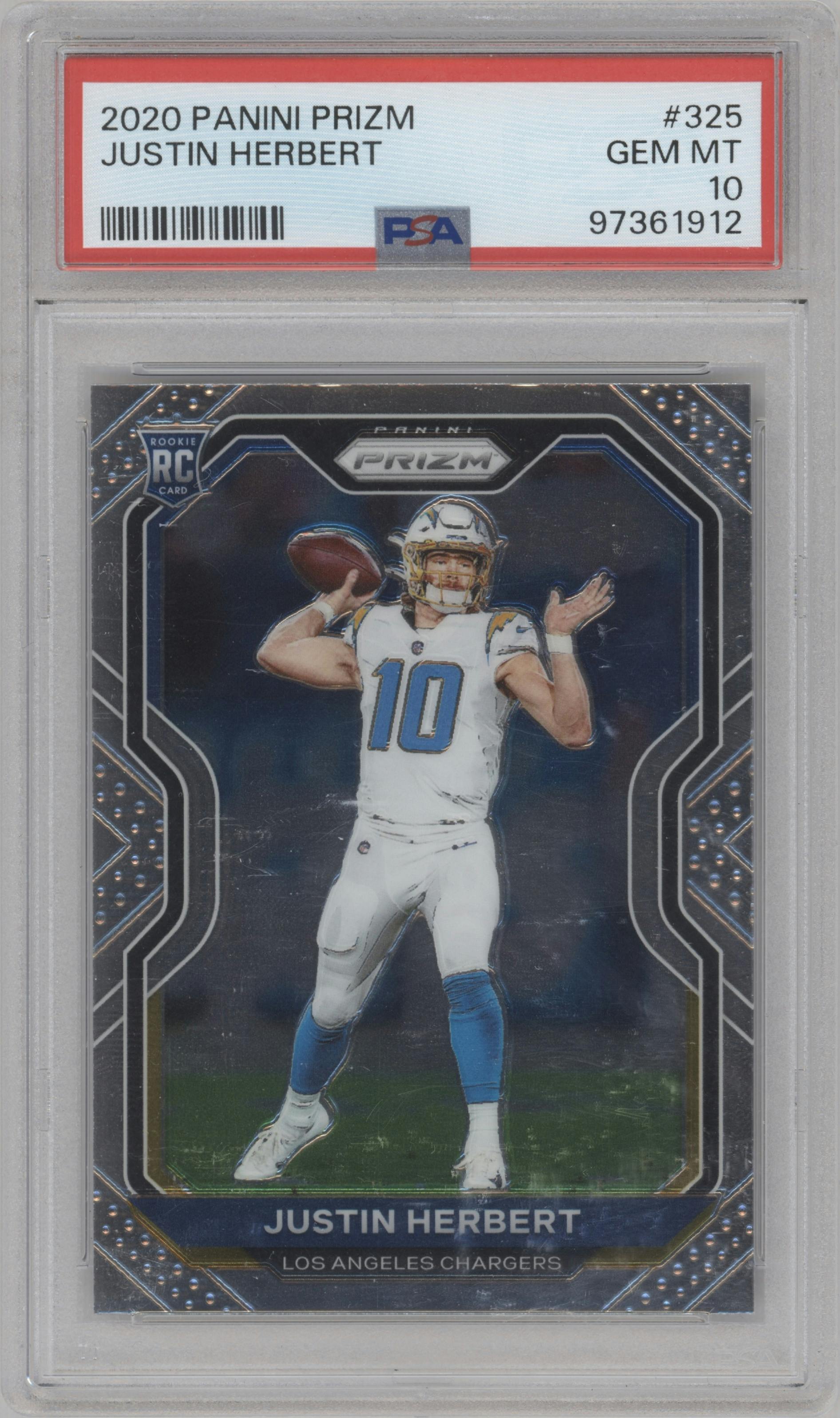Justin Herbert from the 2020 Panini Prizm set graded by PSA and given an overall grade of 10.