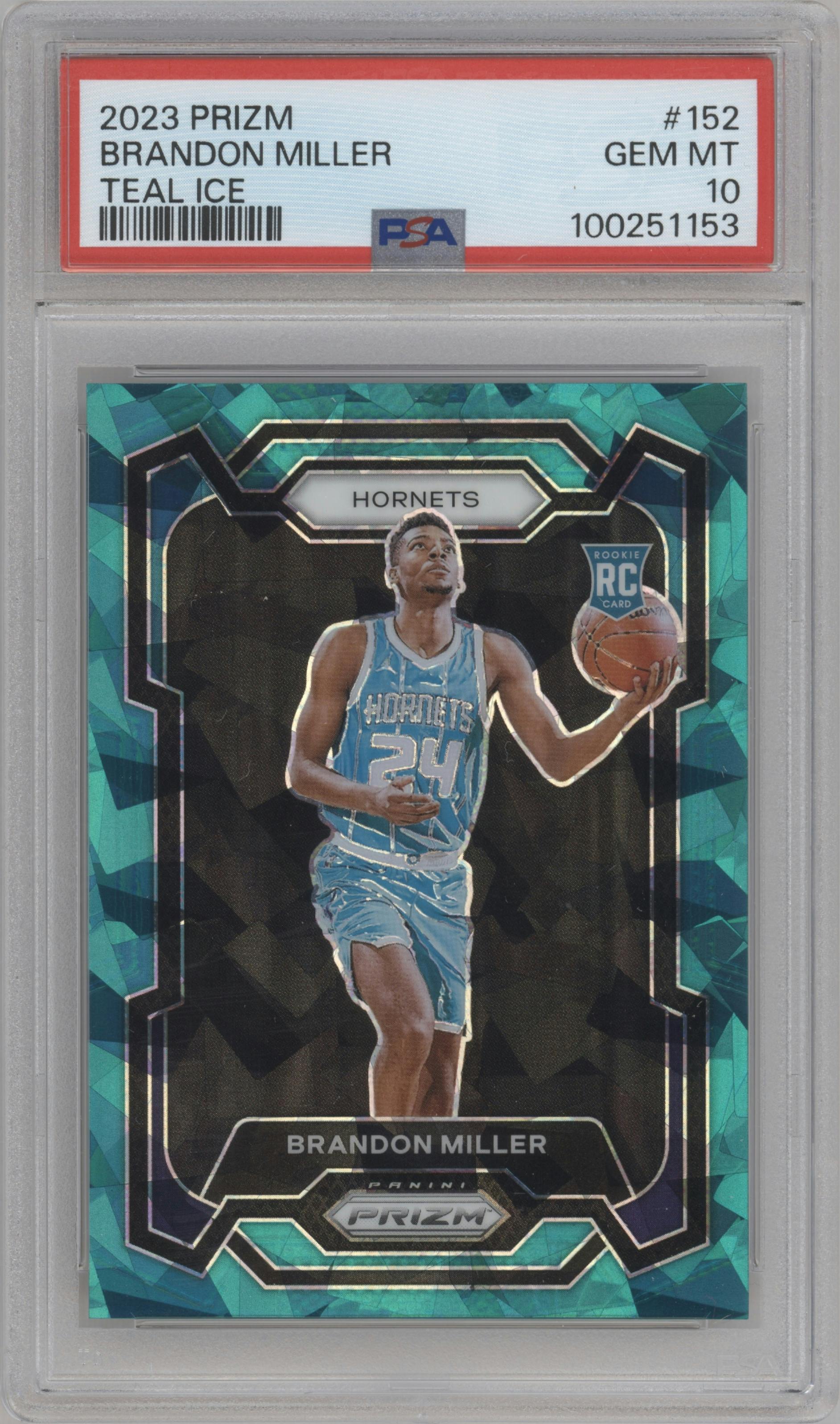 Brandon Miller from the 2023-24 Panini Prizm set featuring a Teal Ice parallel graded by PSA and given an overall grade of 10.