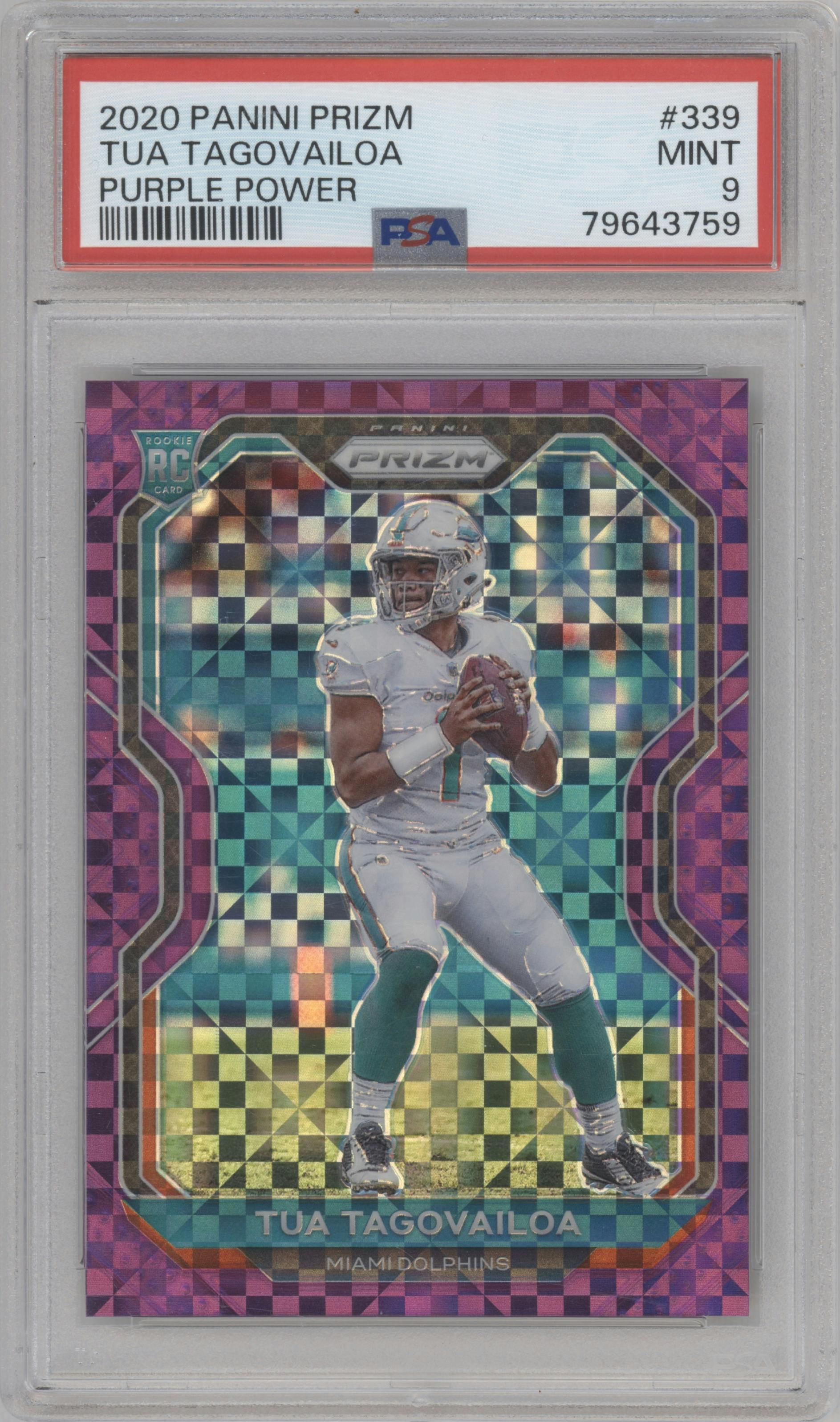 Tua Tagovailoa from the 2020 Panini Prizm set featuring a Purple Power parallel graded by PSA and given an overall grade of 9.