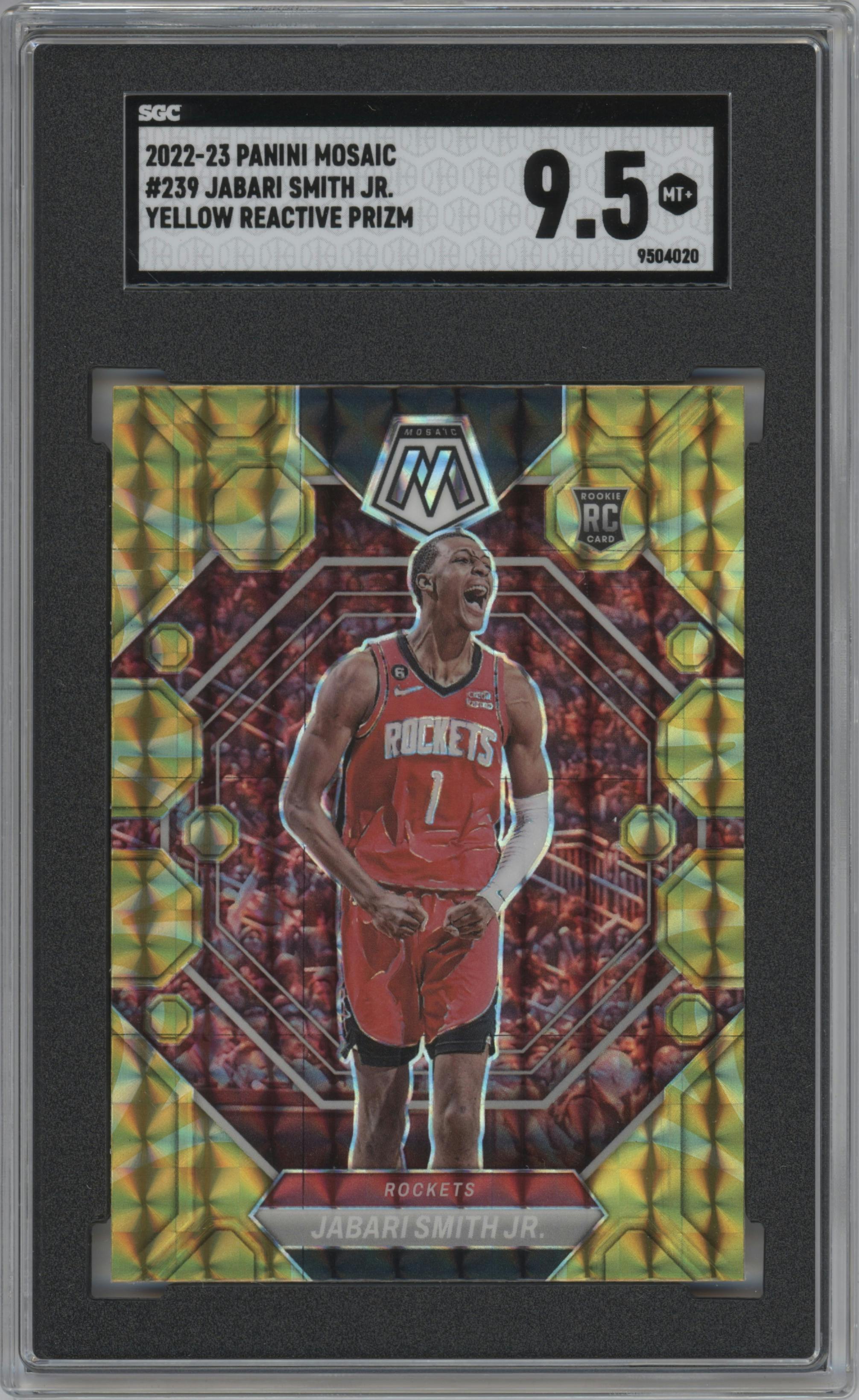Jabari Smith Jr.  from the 2022-23 Panini Mosaic set featuring a Reactive Yellow parallel graded by SGC and given an overall grade of 9.5.