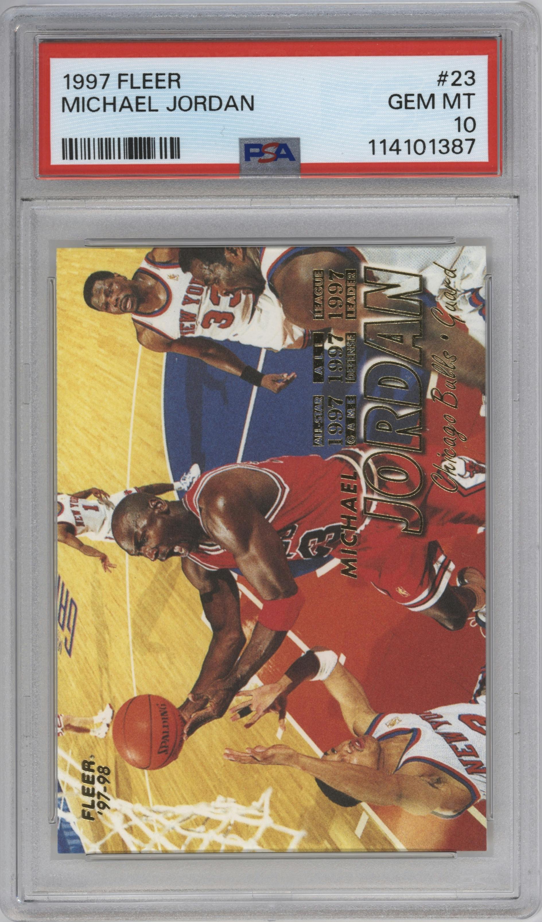 Michael Jordan from the 1997-98 Fleer set graded by PSA and given an overall grade of 10.