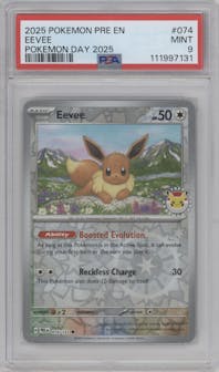 Eevee from the 2025 Pokemon SV set featuring a Pokemon Day 2025 parallel graded by PSA and given an overall grade of 9.