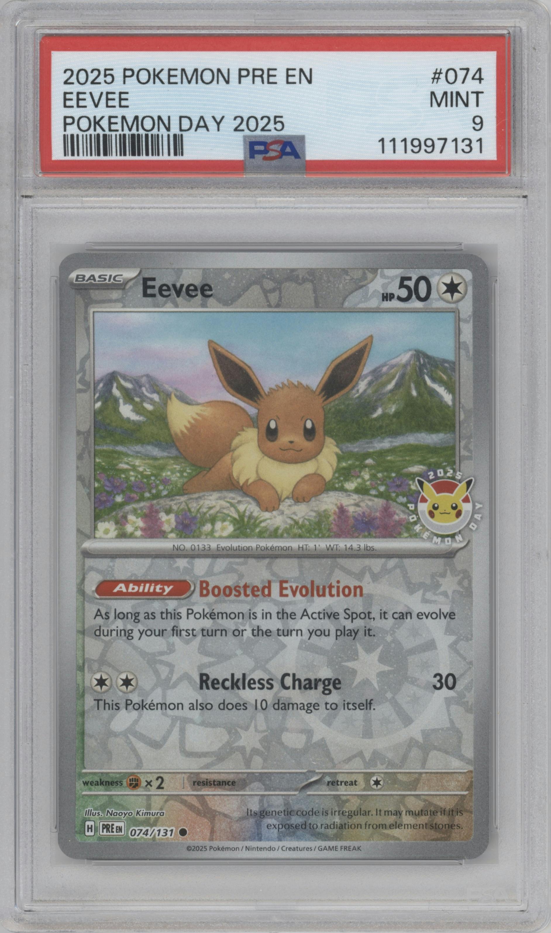 Eevee from the 2025 Pokemon SV set featuring a Pokemon Day 2025 parallel graded by PSA and given an overall grade of 9.