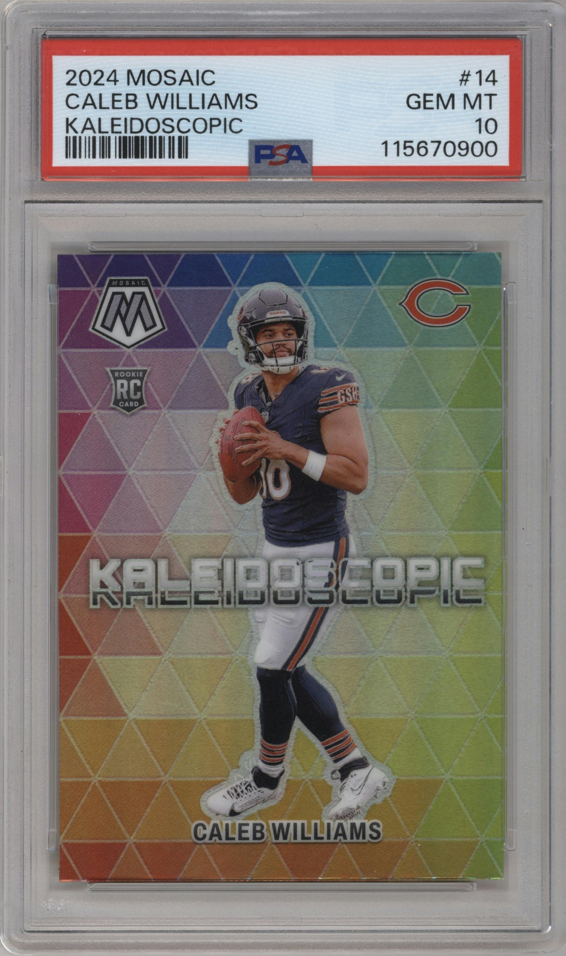Caleb Williams  from the 2024 Panini Mosaic set graded by PSA and given an overall grade of 10.