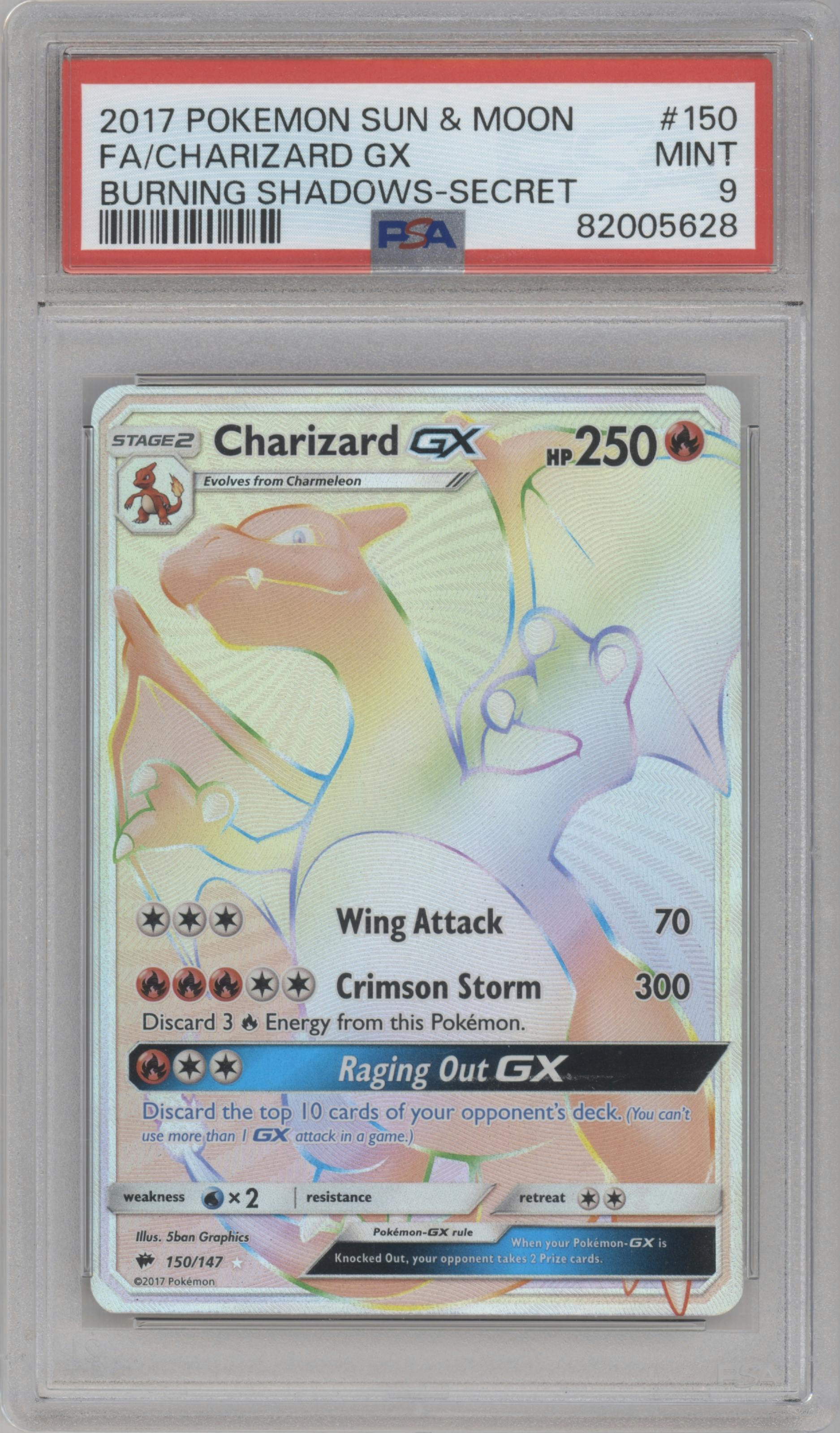 Charizard GX from the 2017 Pokemon S&M set graded by PSA and given an overall grade of 9.