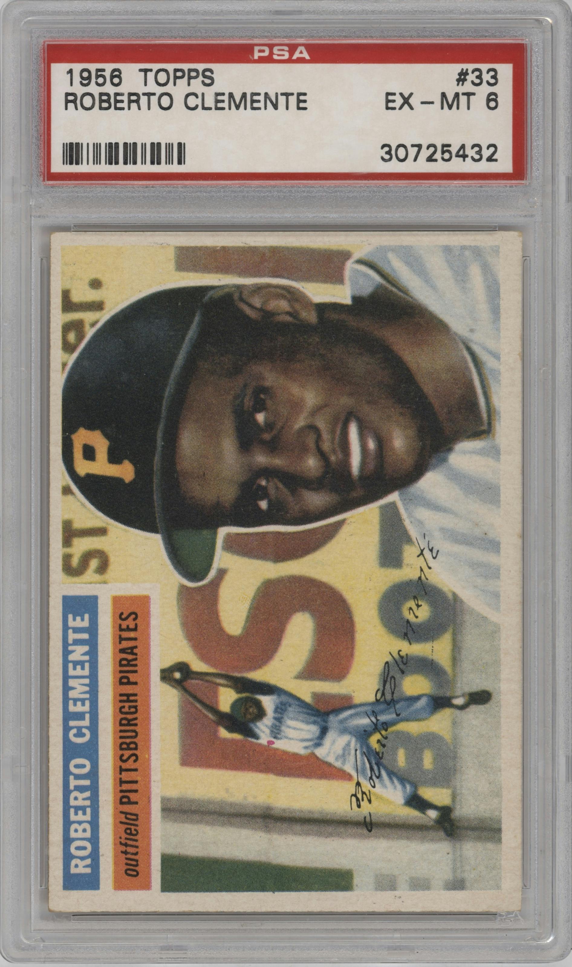 Roberto Clemente from the 1956 Topps set graded by PSA and given an overall grade of 6.