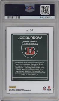 Joe Burrow from the 2023 Panini Donruss set graded by PSA and given an overall grade of 10.
